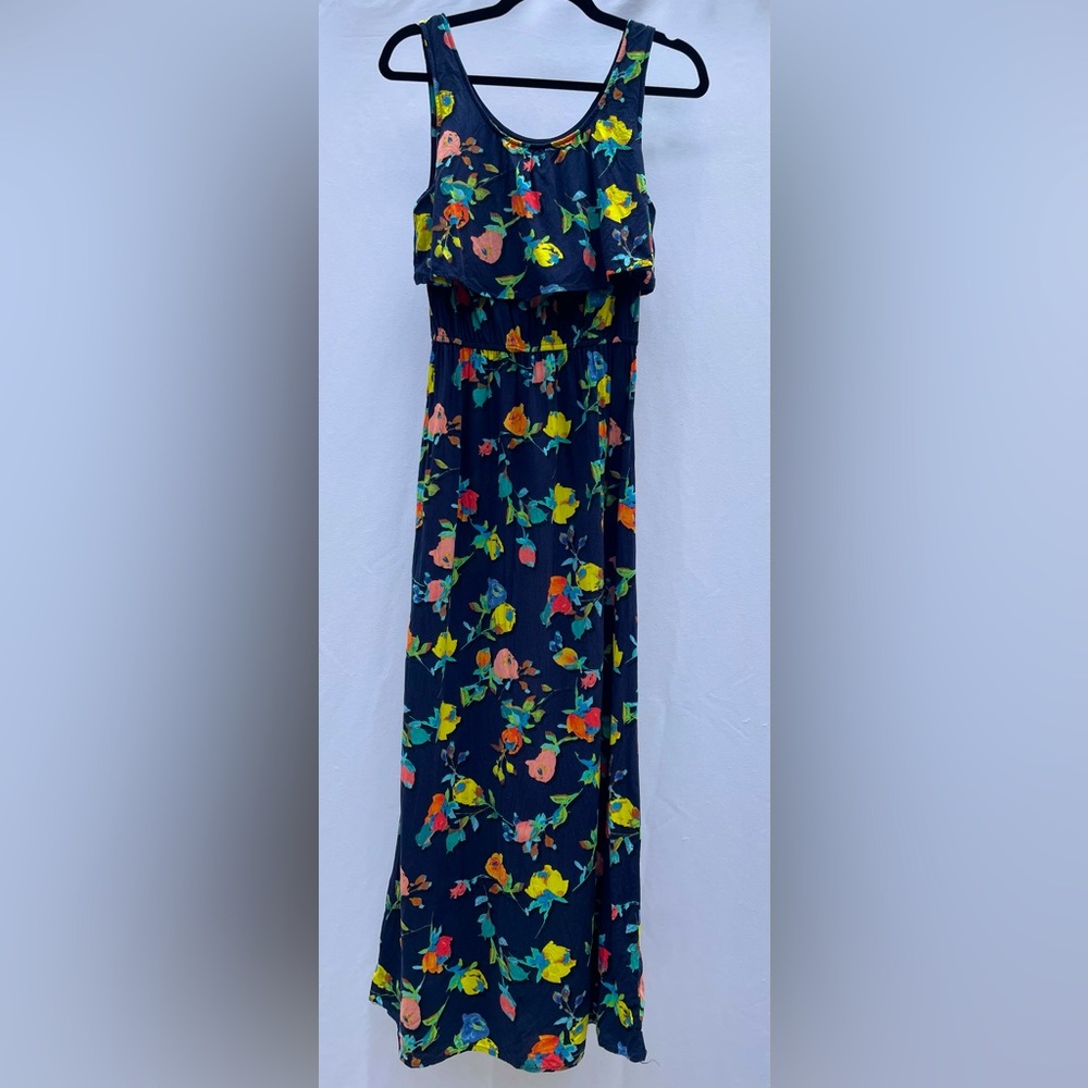 Navy tank maxi sundress with bodice ruffle
